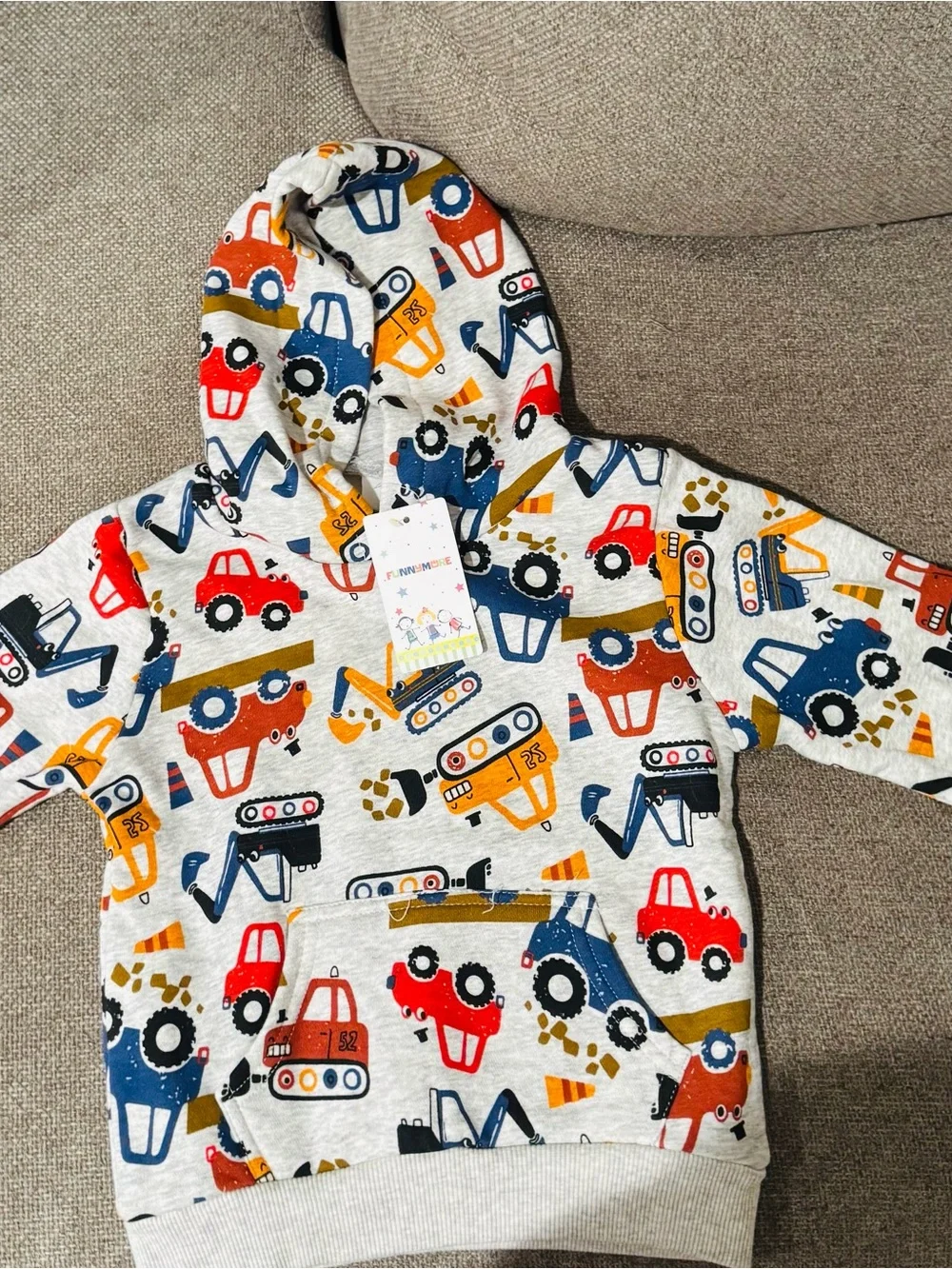Kids Hooded Sweatshirt with Red, Blue & Yellow Construction Vehicles